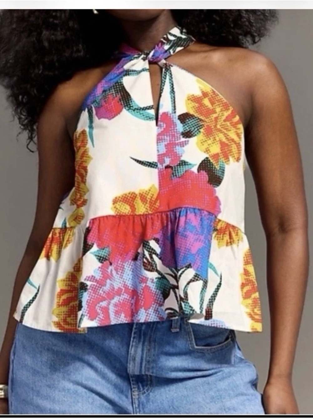 Christopher John Rogers White Multicolor Halter Floral Peplum Camisole